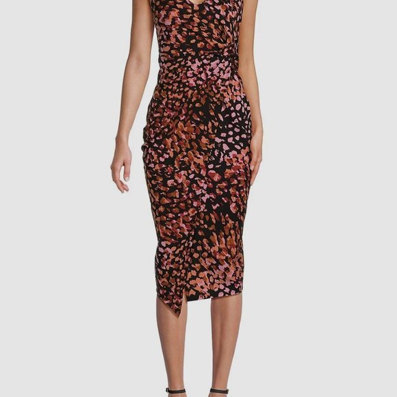 Guess Women's Black Abstract Midi Faux Wrap Dress NWT Size 12 - Picture 3 of 7